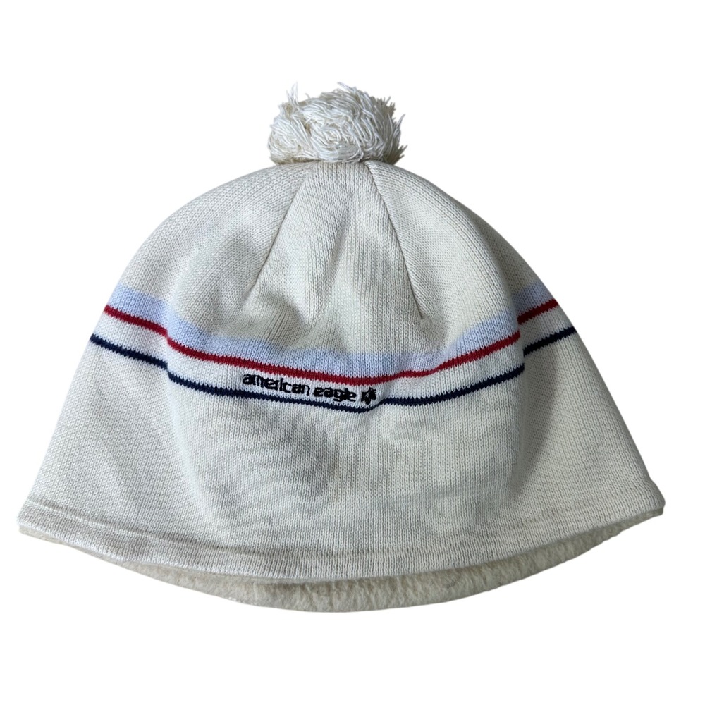 Vintage Y2K American Eagle Beanie Hat Cream‎ Striped Pom Pom Fleece Lined Cotton